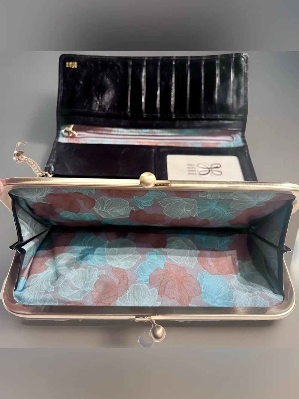 HOBO RACHEL Continental Wallet Black Leather Kiss-Lock Clutch Bag Magnetic Retro